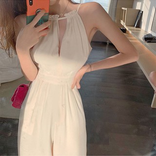 เสื้อผ้าแฟชั่น🍒2021 สีขาว Hollow Jumpsuit ชุดใหม่สไตล์ที่ไม่มีสายหนัง Halter Top ผู้หญิงสูงเอวกางเกงขากว้าง