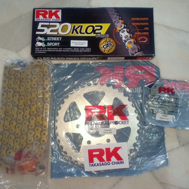 RK SPROCKET ชุดสําหรับ Modenas Pulsar NS200/RS200 520/14-38/39T + RK GS520KLO2 (520 GOLD O-Ring Chai