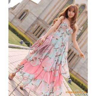 maxidress​สายเดี่ยว โทนฟ้า ชมพู เล่นสีอ่อนๆ แต่งด้วยลายนกยูง