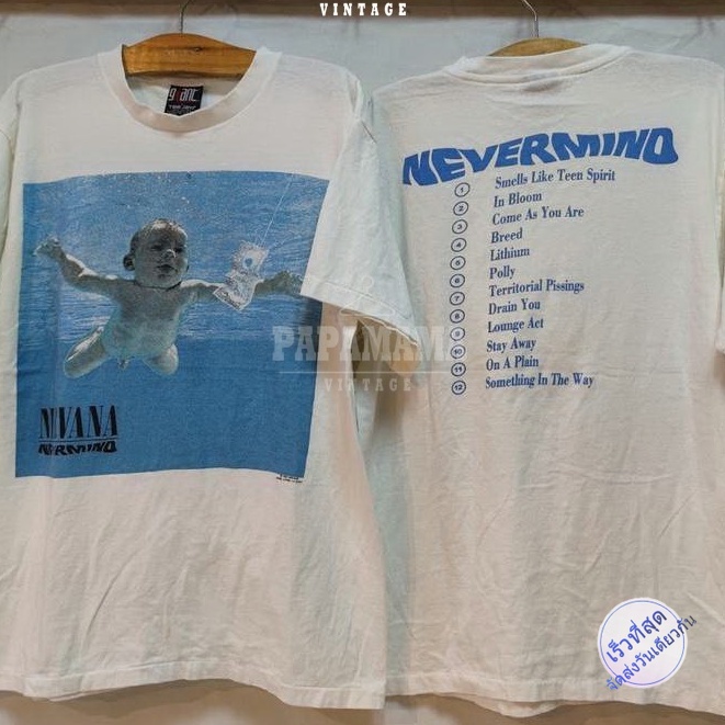 เสื้อยืดผ้าฝ้าย [ NIRVANA ]NEVERMIND Album   @1992 เด็กเก็บแบงค์  วินเทจ  เสื้อวง เนอร์วาน่า vintage papamama vintageS-3