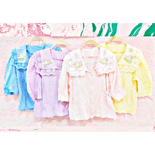 เสื้อแฟชั่น คอปกปัก ฉลุทั้งตัวกระดุมมุก