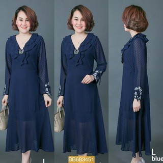 Granddesignplus แม็กซี่เดรสชีฟองปักดิ้นสีทั้งตัว *สีกรมท่า* Size L