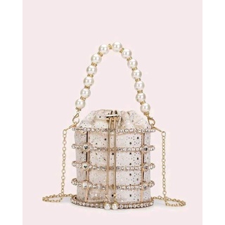 🌟Mini Faux Pearl &amp; Rhinestones Decor Bucket Bag กระเป๋าแต่งเพชรทรงถัง มาพร้อมสายหิ้วมุข