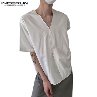 Incerun เสื้อยืดแขนสั้น คอวี แต่งระบาย สีพื้น สําหรับผู้ชาย ไซซ์ S-5XL