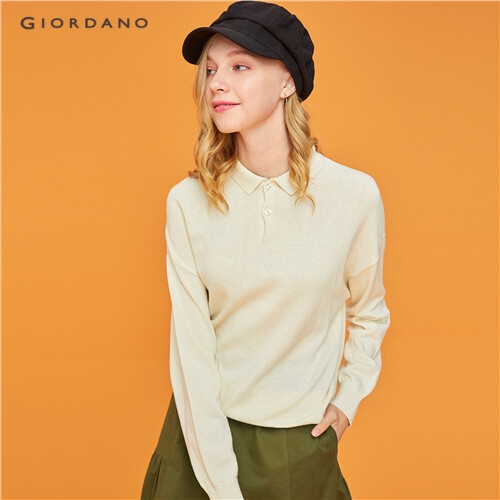 GIORDANO WOMEN Solid turn-down collar knitted sweater 13359808