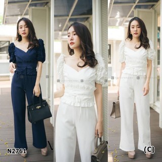 N2761- จั๊มสูท งานปังๆ เสื้อแขนพอง แขนแต่งระบายจีบรอบแขน มาพร้อมผ้าคาดผูกเอวแต่งระบายสุดเก๋ กางเกงขายาว ตัวนี้แนะนำให้ตำ