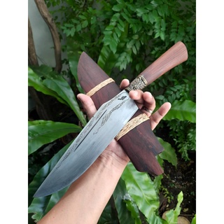 มีดโบวี่ โบวี่ (bowie knife) มีดแคมป์ มีดเหน็บ มีดไดโนเสาร์ มีดต่อสู้ มีดเดินป่า 9” ผิวขัดตอกลาย ด้ามฝักพะยูง รัดหวายถัก