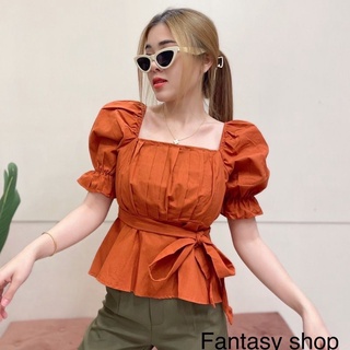 เสื้อคอเหลี่ยม แต่งโบว์ข้าง ด้านหน้าจับจีบ ผ้าฝ้ายลินิน