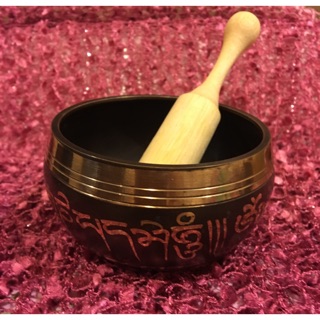 ขันธิเบตลายอักขระและดวงตาพระพุธเจ้า เซทหมอนรองพร้อมไม้วน (Singing Bowl Nepal 100%)