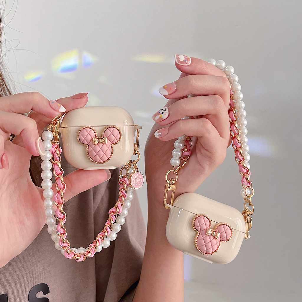 เคส Airpods 4 น่ารักสีชมพูมิกกี้ แอร์พอด 1 2 3 pro กรณีพร้อมสร้อยข้อมือโซ่มุกป้องกันการหล่น
