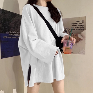 IELGY เสื้อยืดแขนยาวสีขาวสําหรับผู้หญิงพร้อมกรีดหลวมภายใน