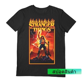 คอตต้อนคอกลมเสื้อยืดทุกวันdailyเสื้อยืด ผ้าฝ้าย พิมพ์ลาย Dustin Stranger Things Season 4 Hellfire Rock God สําหรับผู้ชาย