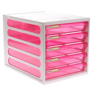 ตู้เอกสาร 5 ชั้น โครงสีขาว-ลิ้นชักสีชมพูใส ONE/5-tier file cabinet with white frame - clear pink drawer ONE