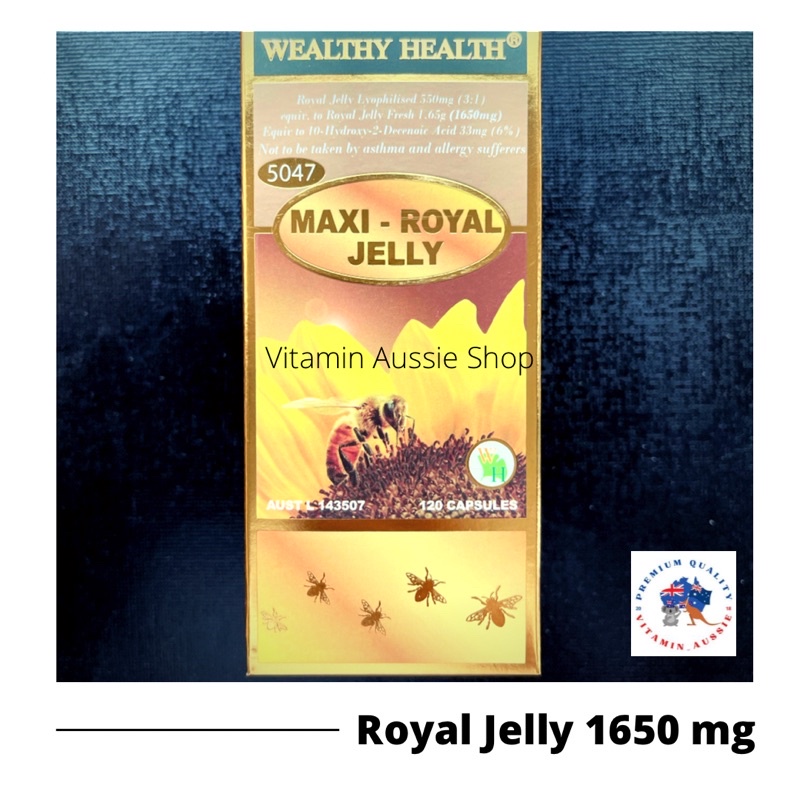 นมผึ้งเกรดพรีเมียม เข้มข้นพิเศษ Wealthy Health Maxi Royal Jelly 1,650 mg 120 เม็ด หมดอายุ 11/26