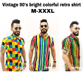 [เก็บโค้ดหน้าร้านลด 70฿] Vintage bright colorful retro shirtเสื้อเชิ้ตแขนสั้นพิมพ์ลายcolorful