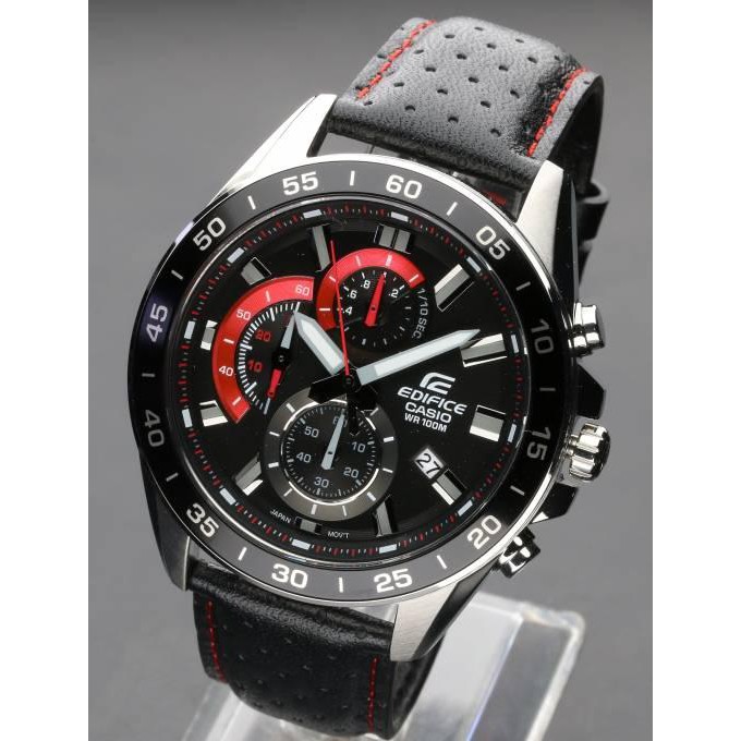 Casio Edifice รุ่น EFV-550L-1AV นาฬิกาข้อมือผู้ชาย Chronograph สายหนังดำ ด้ายแดงสุดเท่ห์ แท้100%ประก