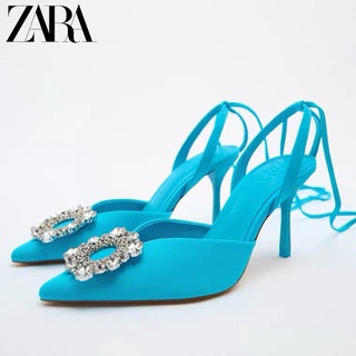 Zara ใหม่ รองเท้าส้นสูง แบบผูกเชือก ประดับพลอยเทียม สีฟ้า เข้ากับทุกการแต่งกาย แฟชั่นฤดูร้อน สําหรับผู้หญิง 2022