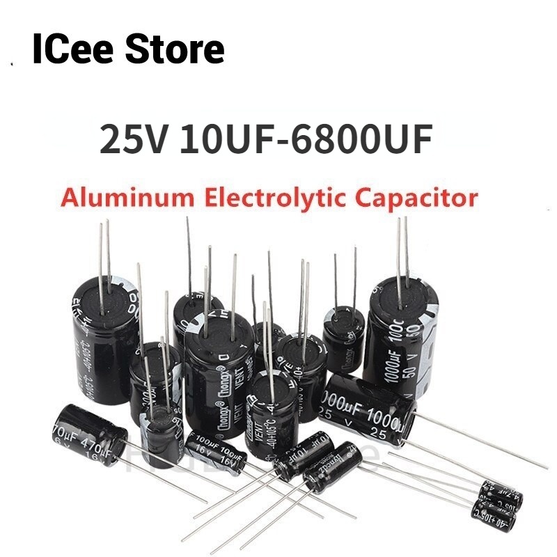 ตัวเก็บประจุอลูมิเนียมไฟฟ้า 25V 10UF-6800UF 10UF 100UF 220UF 330UF 470UF 680UF 1000UF 2200UF 3300UF 