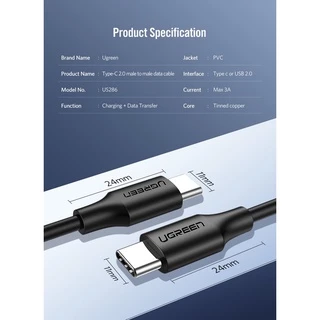 UGREEN สายชาร์จเร็ว Type C 60 - 100W USB2.0 รองรับ QC3.0 สายยาว 0.5 - 3 เมตร รุ่น us286