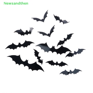 Newsandthen 12 ชิ้น / เซต ฮาโลวีน ตกแต่ง 3D สีดํา PVC ค้างคาว DIY ตกแต่งผนัง สติกเกอร์ ดี