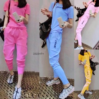 GN2323 **รบกวนสอบถามก่อนสั่งซื้อจ้า** Setเสื้องานสกรีน +กางเกงจั้มปลายขาทรงจิงโจ้