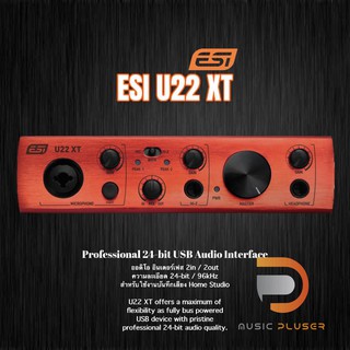 ESI U22 XT อินเทอร์เฟซมีอินพุตอะนาล็อก 2 ช่องและเอาต์พุตอนาล็อก 2 ช่องพร้อมอินพุตสาย RCA, ปรีแอมป์ไมโครโฟนพร้อมอินพุต XL