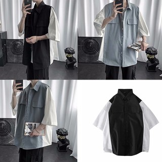 【COD/เตรียมจัดส่ง】เสื้อเชิ้ตผู้ชายแฟชั่นเกาหลี เสื้อบล็อคสี เสื้อเชิ้ตคุณภาพดีพร้อมกระเป๋าคู่