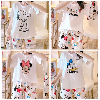 fashion🔥 พร้อมส่ง 🐼ชุดนอน Snoopy เสื้อคอกลม ใส่ได้45-60kg แขนสั้น(มีถุงผ้า) ลายน่ารักชิ้นผ้าเด้งๆใส่สบาย🥰