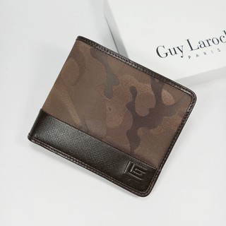 [GL381] Guy Laroche กระเป๋าสตางค์ผู้ชายใบสั้น สีน้ำตาล พับเดียว หนังลาย โลโก้นูน สลับผ้าลายพรางสีน้ำตาล ด้านในหนังลาย