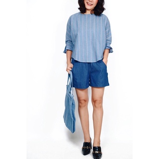 Ariezy Jane AJ-18048 เสื้อยืดแขนระบาย ผ้า 100%cottonริ้วยีนส์