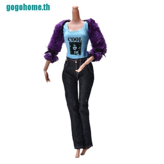 【gogohome】ชุดเสื้อโค้ท ขนเฟอร์ กางเกงขายาว สีดํา สีม่วง สําหรับตุ๊กตาบาร์บี้ 3 ชิ้น ต่อชุด