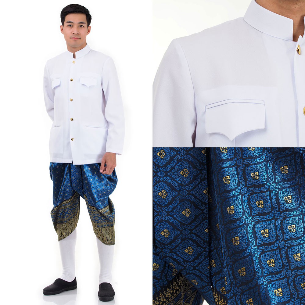 ชุดไทยชายเซ็ตเสื้อราชปะแตนและโจงกระเบนสำเร็จผ้าไหมเทียม