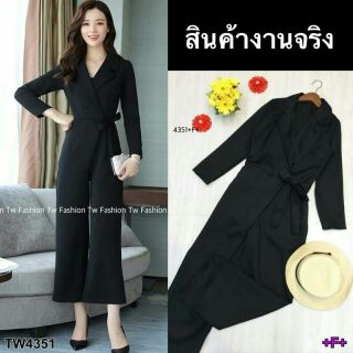 Jumpsuit คอปกผูกเชือกไขว้ผูกโบว์หน้า งานผ้าโฟร์เวย์ทั้งสุด โทนเรียบ