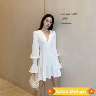 💕coco design💕 💕coco design💕เดรสขาว，ชุดเดรสสีขาว，เดรสออกงาน，เดรสกระโปรงยาวสไตล์เกาหลี ชุดเดรสฝรั่งเศสระดับไฮเอนด์