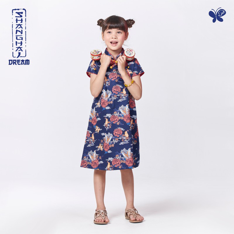 Papillon Girl  Shanghai Dream Satin Dress เดรสตรุษจีน พิมพ์ลายผีเสื้อและดอกไม้ สำหรับเด็ก