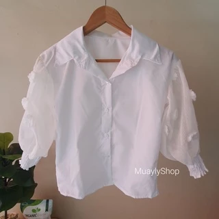 พร้อมส่ง🌷𝕄𝕦𝕒𝕪𝕝𝕪 𝕊𝕙𝕠𝕡🌷 เสื้อขาวมือ1 เสื้อเชิ้ตคอปก แต่งปอมแขนยาวซีทรู ผ้าฝ้ายแต่งระบายน่ารัก