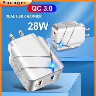 อะแดปเตอร์ชาร์จโทรศัพท์มือถือ QC3.0 แบบพอร์ตคู่ USB ชาร์จเร็ว พร้อมไฟ