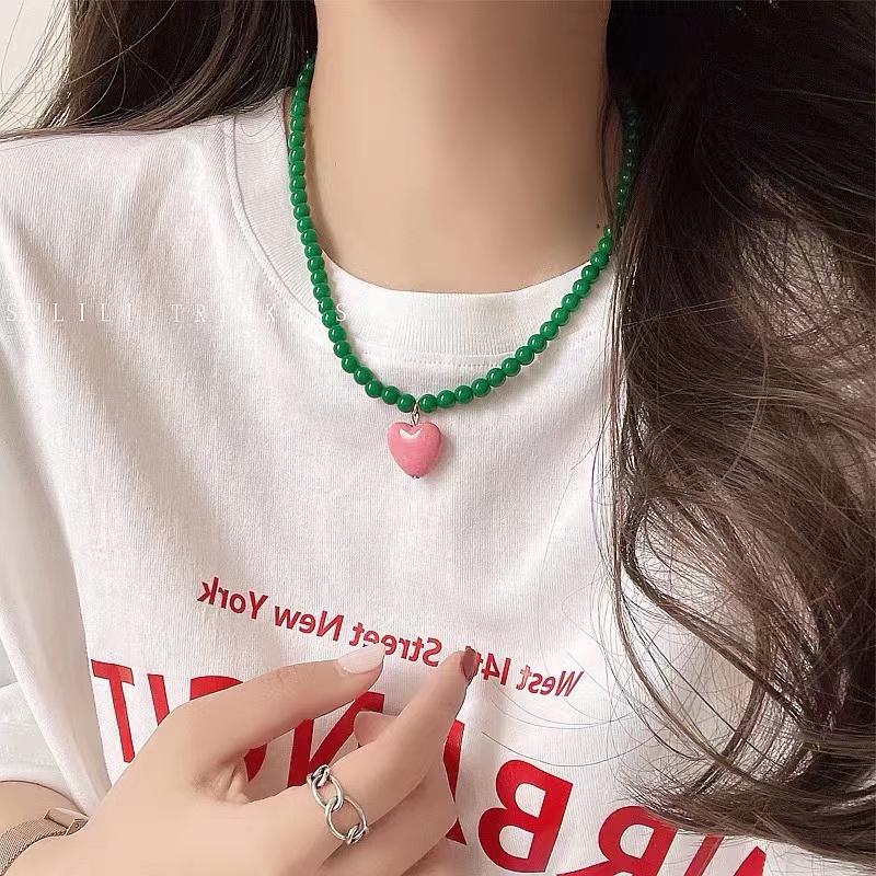 สร้อยคอ สายโซ่ จี้ลูกปัด รูปหัวใจ สีสันสดใส สไตล์เกาหลี