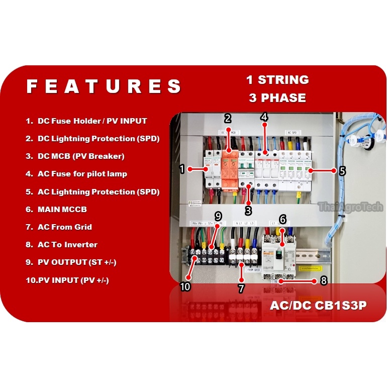 ตู้ AC-DC Combiner box 5Kw-10Kw แบบ 1 String 3Phase สำหรับระบบโซล่าเซลล์ออนกริด (มี pilotlamp)