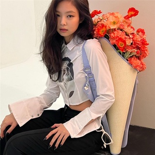 W[]-Women’s Casual Long Sleeve Shirt Abstract Printing Lapel Single-breasted Cropped Cardigan