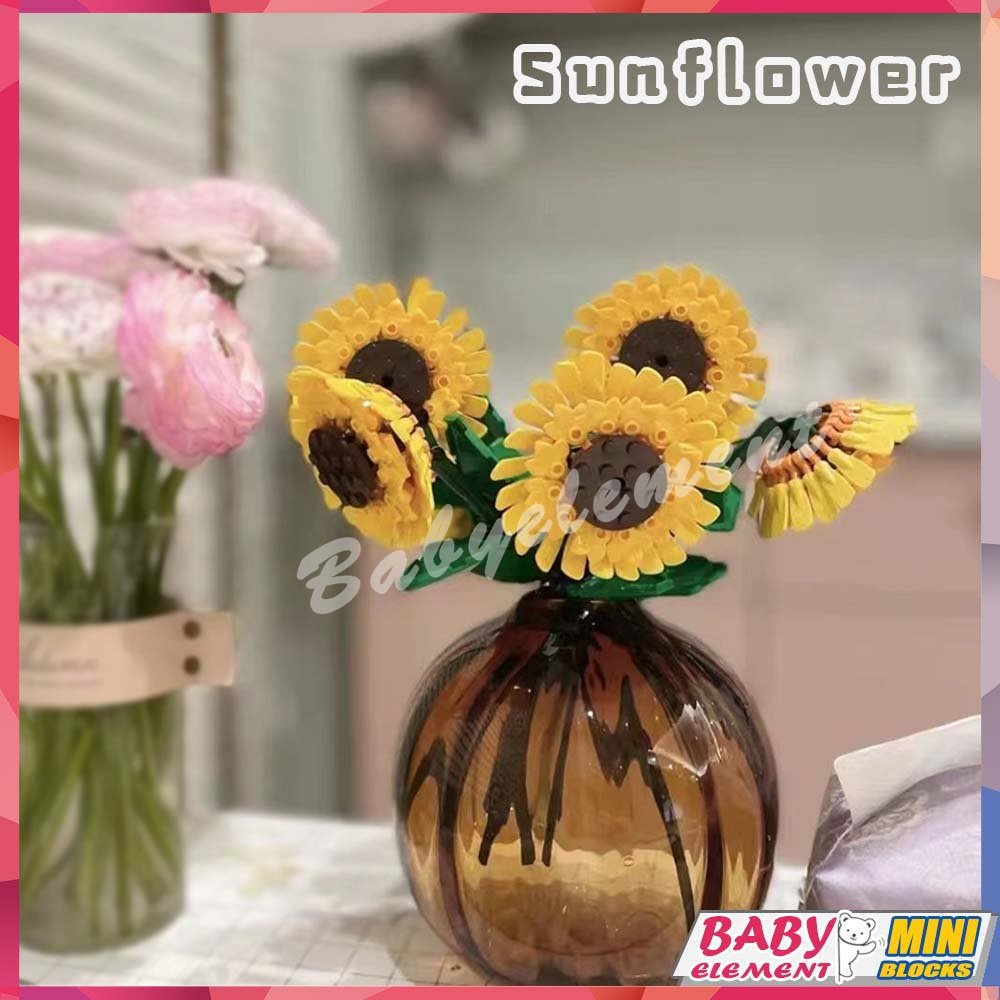 ปริศนาดอกทานตะวันช่อจำลอง บล็อกตัวต่อสร้างสรรค์ DIY การตกแต่งห้องโรแมนติกรุ่นของขวัญของเล่นเด็กผู้หญิง