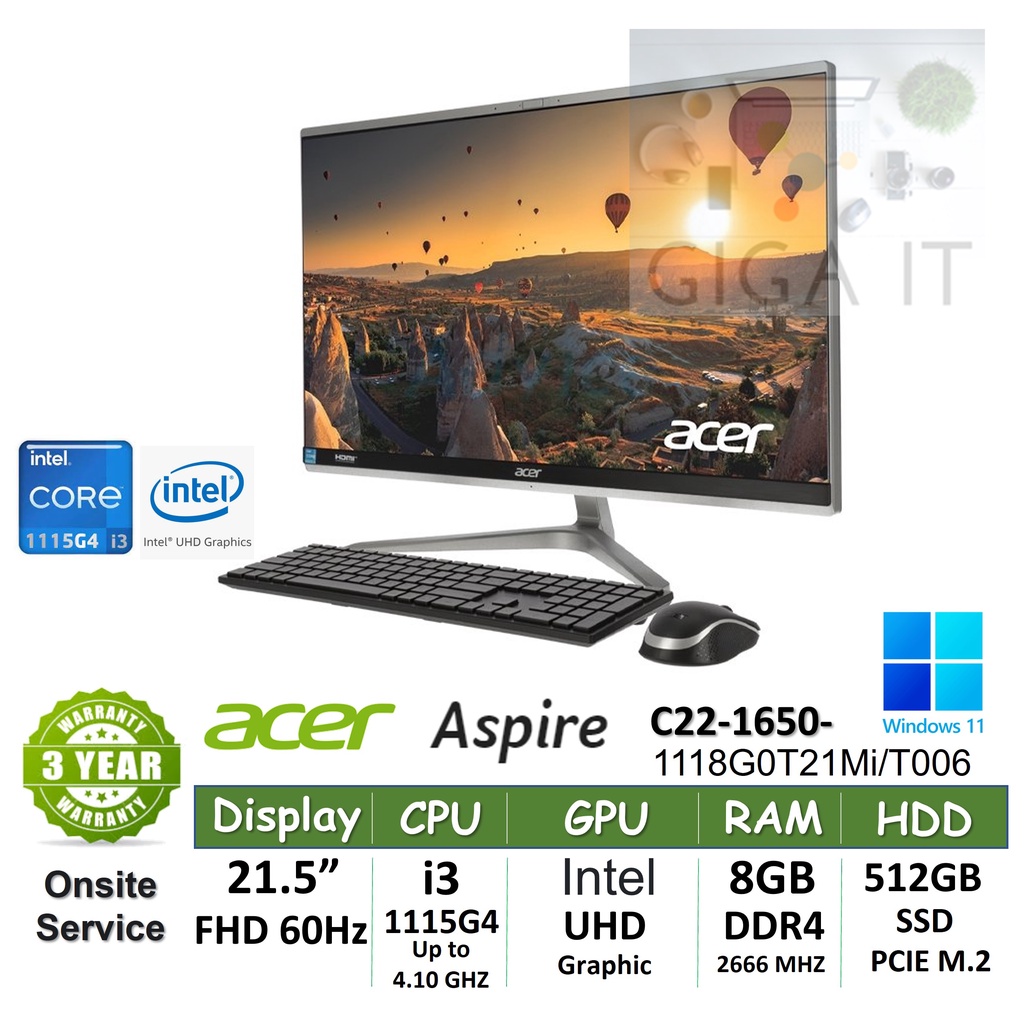 Acer All-in-One Aspire C22-1650-1118G0T21Mi/T006 21.5", i3i3-1115G4, 8G, 512G M.2 , Win11 ประกัน Onsite 3 ปี
