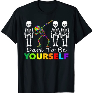 เสื้อยืด พิมพ์ลายโครงกระดูก Dabbing dare to be yourself autism แฟชั่นสําหรับผู้ชายS-5XL