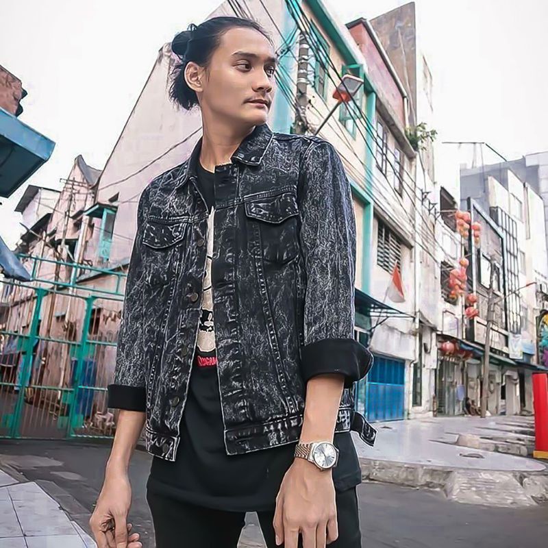 Ripped Jeans Jacket & SNOW BLACK Jeans Jacket & Mens Jeans Jacket & Complete Color Jeans Jacket & DE