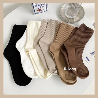 iliving Solid Color Women Socks Flexible Girl Calf High Sock Breathable Girl Sock jk Sen Series Vertical Stripes Long Sock Mid Tube Sock Nordic ins Style