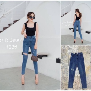 G.D.Jeans รุ่น 1536#กางเกงยีนส์ขายาวผ้ายืดทรงเดฟสียีนส์ทรงเดฟฟอกขาดหน้าขาหน่อยๆแบบเก๋