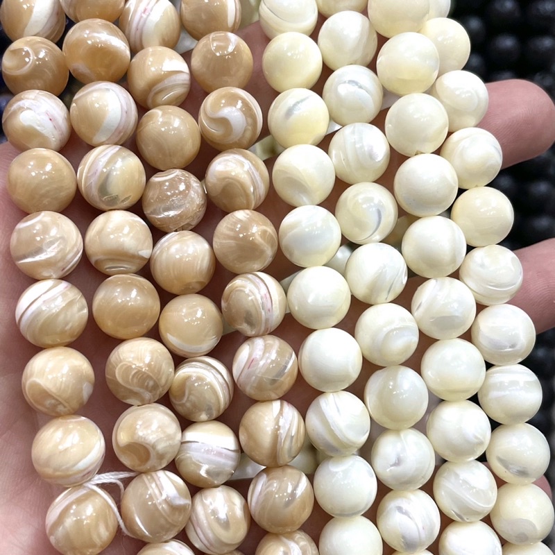 เปลือกหอยทะเล Mother of pearl สีขาว สีครีม ทรงกลม เส้นยาว เกรด A