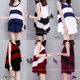 J2575 set 2ชิ้น เสื้อลายริ้ว ทรงหางปลา + กางเกงขาสั้น Set of 2 pieces, striped shirt, fish tail shape + shorts