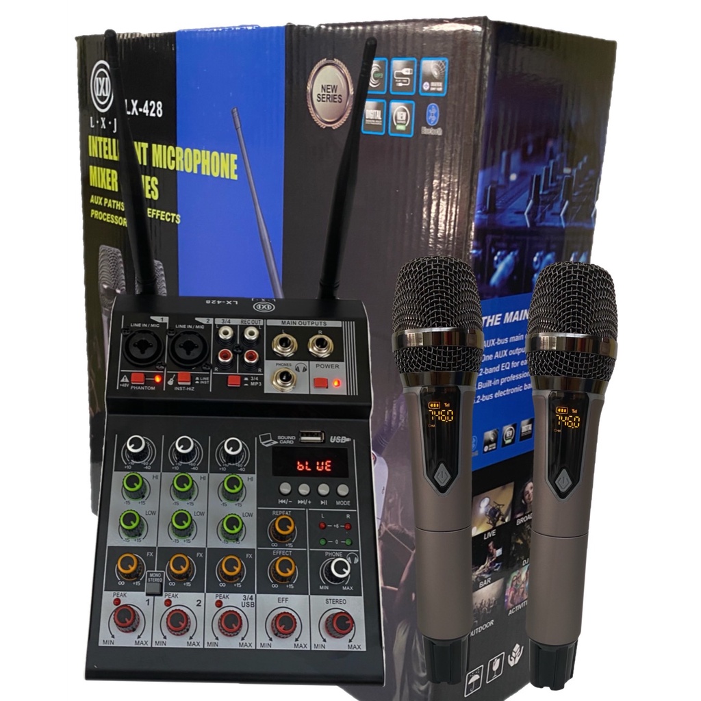 LXJ LX-428 มิกซ์+ไมค์ลอย คอนโซลเครื่องผสมสัญญาณเสียง ช่องพร้อมเสียงไมโครโฟนไร้สายผสมกับมิกเซอร์ Bluetooth USB มี2ระบบAC2