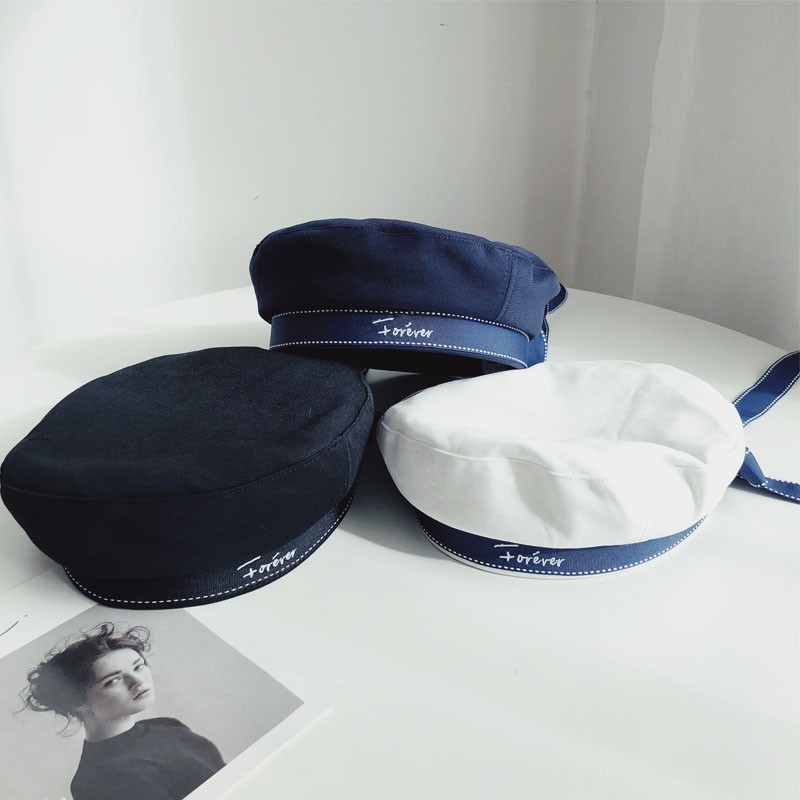 ญี่ปุ่นหวานน่ารักโบว์สายยาว Beret หญิงเวอร์ชั่นเกาหลี Casual All-Match ปักตัวอักษรจิตรกรหมวก